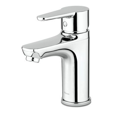 Click here to see Pfister LG142-0600 Pfister Pfirst Modern Single-Hole Bathroom Faucet, Single-Handle, 1.2 GPM, Lever Handle, Pforever Seal, Polished Chrome - LG142-0600