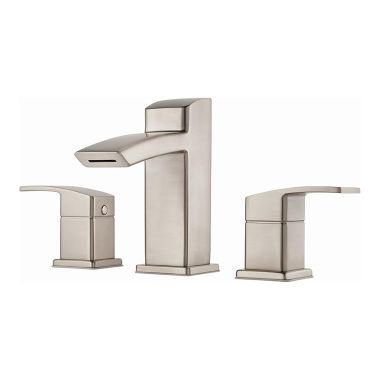 Click here to see Pfister LG49-DF2K Pfister Kenzo Widespread Deck-Mount Bathroom Faucet with Metal Pop-Up Drain, Laminar Flow, Two-Handle, 1.2 GPM, Lever Handle, Brushed Nickel - LG49-DF2K