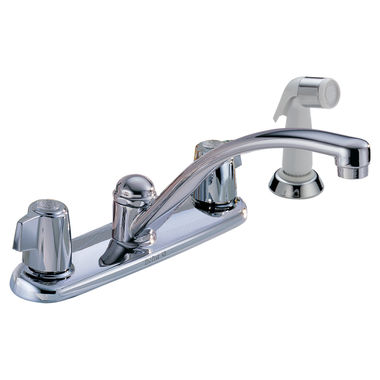 Click here to see Delta 2400LF Delta Classic Two Handle Deck Mount Kitchen Faucet w/ Side Spray, H28 Mini Blade Handles, Lead-Free, Chrome - 2400LF