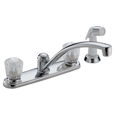 Click here to see Delta 2402LF Delta Classic Single Handle Kitchen Faucet w/ Side Sprayer in Deck Plate, H41 Clear Knob Handles, Chrome - 2402LF