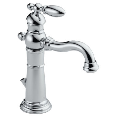 Click here to see Delta 555LF Delta Victorian Hook Spout Chrome Lavatory Faucet, Metal Pop-Up, 1.2 GPM, Single-Handle, Lever Handle - 555LF
