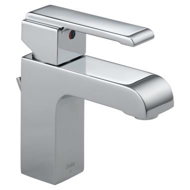 Click here to see Delta 586LF-MPU Delta Arzo Angular Spout Deck-Mount Chrome Lavatory Faucet with Red/Blue Indicators, Metal Pop-Up, 1.5 GPM, Single-Handle - 586LF-MPU
