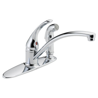 Click here to see Delta B3310LF Delta Foundations Single Handle Kitchen Faucet w/ Spray in Deck Plate, Chrome - B3310LF