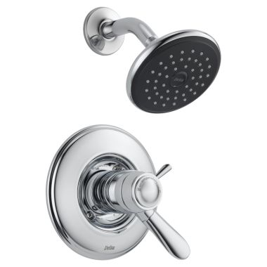 Click here to see Delta T17T238 Delta Lahara TempAssure 17T Series Two-Handle Shower Faucet with Single-Setting Rain Showerhead, 2.5 GPM, Lever Handles, ADA, Chrome - T17T238