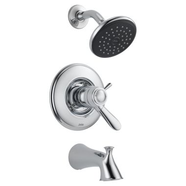 Click here to see Delta T17T438 Delta Lahara TempAssure 17T Series Two-Handle Tub/Shower Faucet with Single-Setting Rain Showerhead, 2.5 GPM, Lever Handles, ADA, Chrome - T17T438