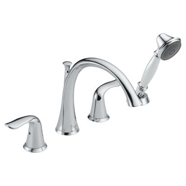 Click here to see Delta T4738 Delta Lahara Two-Handle Roman Tub Faucet Trim with 1.75 GPM Single-Setting Hand Shower, High Arc Spout, Lever Handles, Chrome - T4738
