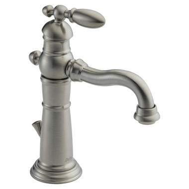Click here to see Delta 555LF-SS Delta Victorian Hook Spout Stainless Lavatory Faucet, Metal Pop-Up, 1.2 GPM, Single-Handle, Lever Handle - 555LF-SS
