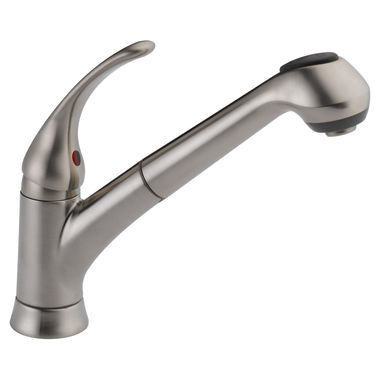 Click here to see Delta B4310LF-SS Delta Foundations Single Handle Pull-Out Kitchen Faucet, Stainless - B4310LF-SS