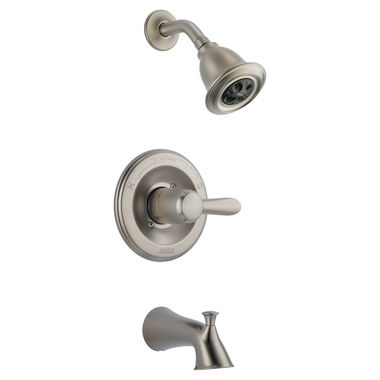 Click here to see Delta T14438-SSH2O Delta Lahara Monitor 14 Series H2Okinetic Tub/Shower Faucet with Rain Showerhead, Single-Handle, 1.5 GPM, Lever Handle, Stainless - T14438-SSH2O
