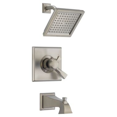 Click here to see Delta T17451-SS Delta Dryden Monitor 17 Series Two-Handle Tub/Shower Faucet with Single-Setting Rain Showerhead, 2.5 GPM, Lever Handles, Stainless - T17451-SS