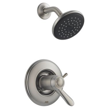 Click here to see Delta T17T238-SS Delta Lahara TempAssure 17T Series Two-Handle Shower Faucet with Single-Setting Rain Showerhead, 2.5 GPM, Lever Handles, ADA, Stainless - T17T238-SS