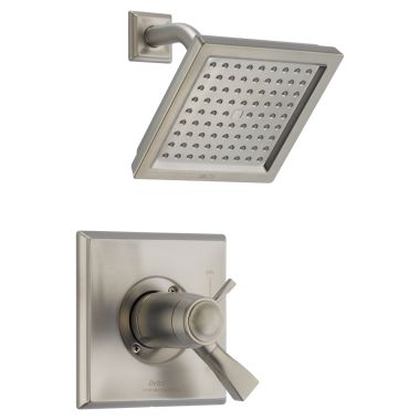 Click here to see Delta T17T251-SS Delta Dryden TempAssure 17T Series Two-Handle Shower Faucet with Single-Setting Rain Showerhead, 2.5 GPM, Lever Handles, Stainless - T17T251-SS