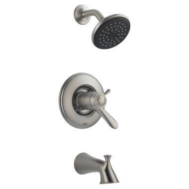 Click here to see Delta T17T438-SS Delta Lahara TempAssure 17T Series Two-Handle Tub/Shower Faucet with Single-Setting Rain Showerhead, 2.5 GPM, Lever Handles, ADA, Stainless - T17T438-SS