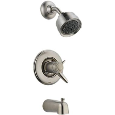 Click here to see Delta T17T485-SS Delta Grail TempAssure 17T Series Two-Handle Tub/Shower Faucet with 3-Setting Showerhead, 2.5 GPM, Lever Handles, Stainless - T17T485-SS