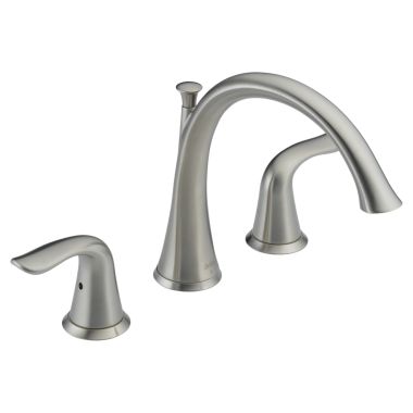 Click here to see Delta T2738-SS Delta Lahara Two-Handle Roman Tub Faucet Trim, High Arc Spout, Lever Handles, ADA-Compliant, Stainless - T2738-SS