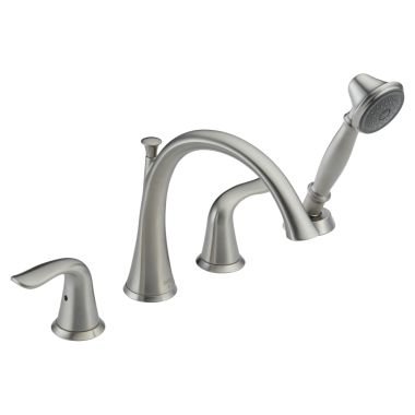 Click here to see Delta T4738-SS Delta Lahara Two-Handle Roman Tub Faucet Trim with 1.75 GPM Single-Setting Hand Shower, High Arc Spout, Lever Handles, Stainless - T4738-SS
