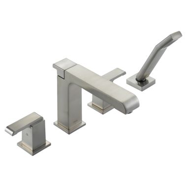 Click here to see Delta T4786-SS Delta Arzo Two-Handle Roman Tub Faucet Trim with 2.0 GPM Hand Shower, Angular Spout, Lever Handles, ADA-Compliant, Stainless - T4786-SS