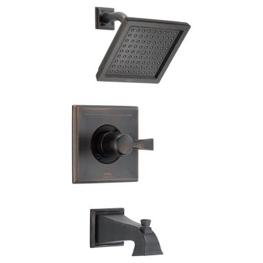 Click here to see Delta T14451-RB Delta Dryden Monitor 14 Series Single-Handle Tub/Shower Faucet with Single-Setting Rain Showerhead, 2.5 GPM, Lever Handle, Venetian Bronze - T14451-RB