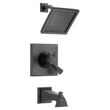 Click here to see Delta T17451-RB Delta Dryden Monitor 17 Series Two-Handle Tub/Shower Faucet with Single-Setting Rain Showerhead, 2.5 GPM, Lever Handles, Venetian Bronze - T17451-RB