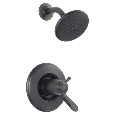 Click here to see Delta T17T238-RB Delta Lahara TempAssure 17T Series Two-Handle Shower Faucet with Single-Setting Rain Showerhead, 2.5 GPM, Lever Handles, ADA, Venetian Bronze - T17T238-RB