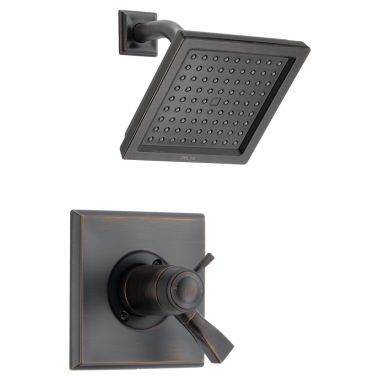 Click here to see Delta T17T251-RB Delta Dryden TempAssure 17T Series Two-Handle Shower Faucet with Single-Setting Rain Showerhead, 2.5 GPM, Lever Handles, Venetian Bronze - T17T251-RB
