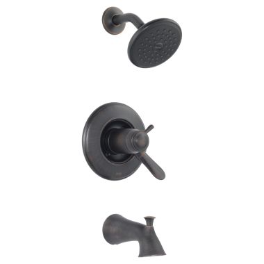 Click here to see Delta T17T438-RB Delta Lahara TempAssure 17T Series Two-Handle Tub/Shower Faucet with Single-Setting Rain Showerhead, 2.5 GPM, Lever Handles, ADA, Venetian Bronze - T17T438-RB