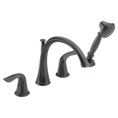 Click here to see Delta T4738-RB Delta Lahara Two-Handle Roman Tub Faucet Trim with 1.75 GPM Single-Setting Hand Shower, High Arc Spout, Lever Handles, Venetian Bronze - T4738-RB