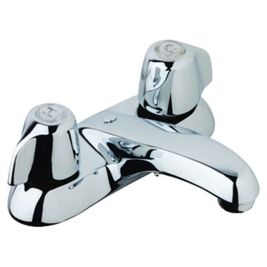 Click here to see Gerber G0043411 Gerber Classics Two-Handle Centerset Chrome Bathroom Faucet with Metal Handles and Chain Stay, 1.2 GPM, Three-Hole Installation - 43-411