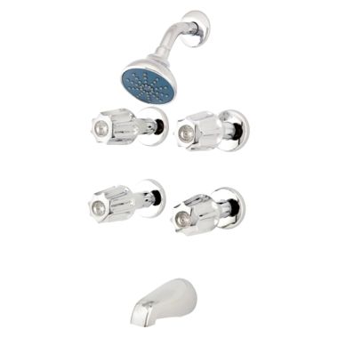 Click here to see Gerber G074643083 Gerber Classics 4-Handle Tub/Shower Faucet with Single-Function Showerhead, 2.0 GPM, Metal Fluted Handles, Sliding Sleeve Escutcheon, Chrome - 07-46-430-83