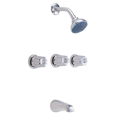 Click here to see Gerber G0748030 Gerber Classics 3-Handle Tub/Shower Faucet with Single-Function Showerhead, 1.75 GPM, Metal Fluted Handles, IPS/Sweat, Threaded Escutcheon, Chrome - 07-48-030