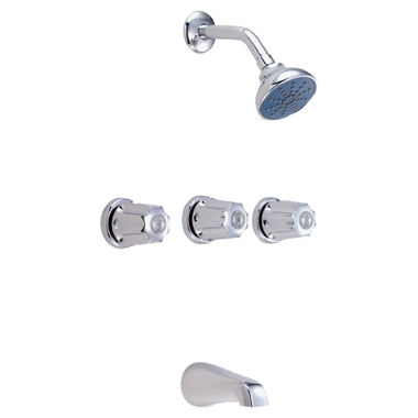 Click here to see Gerber G074803083 Gerber Classics 3-Handle Tub/Shower Faucet with Single-Function Showerhead, 1.75 GPM, Metal Fluted Handles, IPS/Sweat, Sliding Sleeve Escutcheon, Chrome - 07-48-030-83