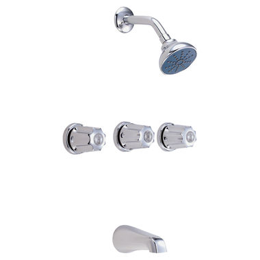 Click here to see Gerber G0748031 Gerber Classics 3-Handle Tub/Shower Faucet with Single-Function Showerhead, 1.75 GPM, Metal Fluted Handles, Sweat, Threaded Escutcheon, Chrome - 07-48-031