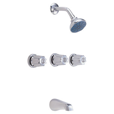 Click here to see Gerber G074803183 Gerber Classics 3-Handle Tub/Shower Faucet with Single-Function Showerhead, 1.75 GPM, Metal Fluted Handles, Sweat, Sliding Sleeve Escutcheon, Chrome - 07-48-031-83