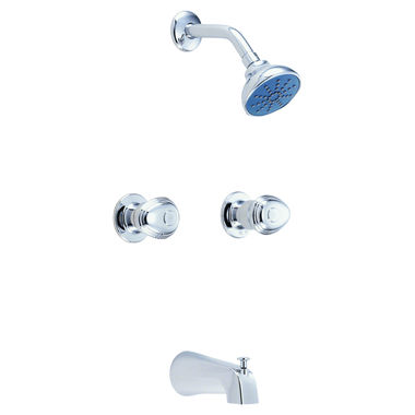 Click here to see Gerber G0058420 Gerber Hardwater Two-Handle Tub/Shower Faucet with Diverter, Single-Function Showerhead, 1.75 GPM, Sliding Sleeve Escutcheon, Threaded Spout, Chrome - 58-420