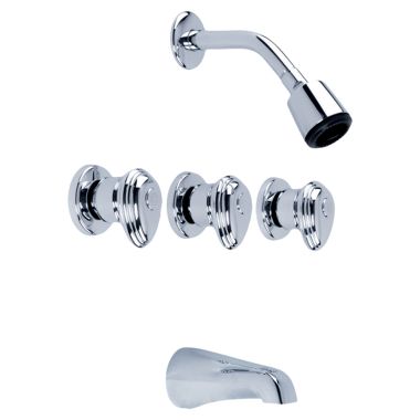Click here to see Gerber G0058520 Gerber Hardwater 3-Handle Tub/Shower Faucet with Single-Function Showerhead, 1.75 GPM, IPS/Sweat, Sliding Sleeve Escutcheon, Threaded Spout, Chrome - 58-520