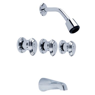 Click here to see Gerber G005852081 Gerber Hardwater 3-Handle Tub/Shower Faucet with Single-Function Showerhead, 1.75 GPM, IPS/Sweat, Sliding Sleeve Escutcheon, Slip Spout, Chrome - 58-520-81
