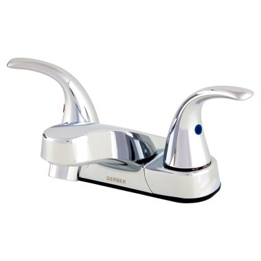 Click here to see Gerber G0043153W Gerber Maxwell Two-Handle Centerset Chrome Bathroom Faucet with Metal Lever Handles and Less Drain, 1.2 GPM, Three-Hole Installation, Washerless - 43-153-W