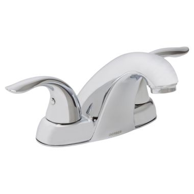 Click here to see Gerber 43-019 Gerber Viper Two-Handle Centerset Chrome Bathroom Faucet with Plastic Touch Down Drain, 1.2 GPM, Three-Hole Installation - 43-019
