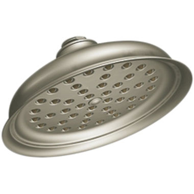 Click here to see Moen S136BN Moen Isabel 7in Single-Function Rainshower Shower Head, Round, Immersion Technology, LifeShine, 2.5 GPM, Self-Pressurizing, Brushed Nickel - S136BN