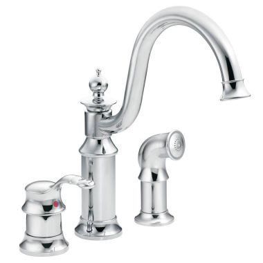 Click here to see Moen S711 Moen Waterhill Single-Handle High Arc Kitchen Faucet w/ Side Spray, Soap Dispenser, 3 Hole, Chrome - S711