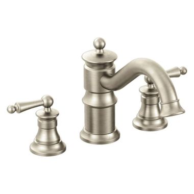 Click here to see Moen TS214BN Moen Waterhill Two-Handle Roman Tub Faucet Trim, High Arc Spout, Lever Handles, ADA-Compliant, Brushed Nickel - TS214BN