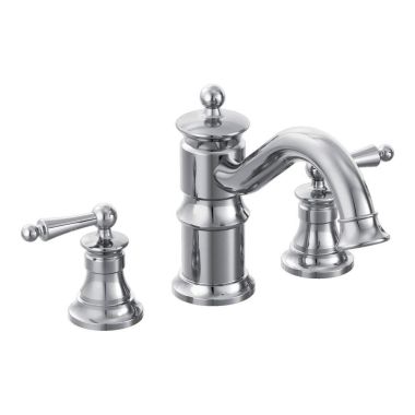 Click here to see Moen TS214 Moen Waterhill Two-Handle Roman Tub Faucet Trim, High Arc Spout, Lever Handles, ADA-Compliant, Chrome - TS214 