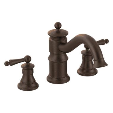 Click here to see Moen TS214ORB Moen Waterhill Two-Handle Roman Tub Faucet Trim, High Arc Spout, Lever Handles, ADA, Oil Rubbed Bronze - TS214ORB