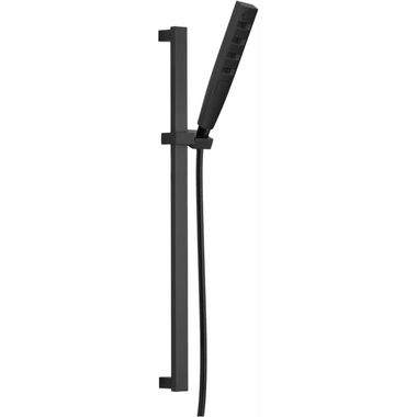 Click here to see Delta 51140-BL Delta Universal Showering 1in Four-Setting Hand Shower with 24in Slide Bar, Square, 1.75 GPM, Touch-Clean, H2Okinetic, WaterSense, Matte Black - 51140-BL