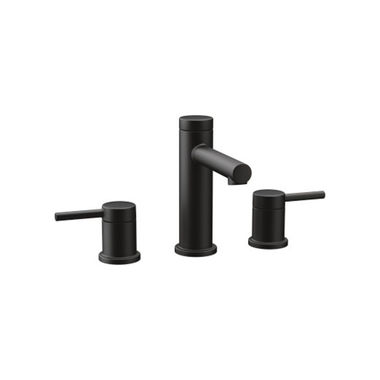 Click here to see Moen T6193BL Moen Align Two-Handle High Arc Matte Black Widespread Bathroom Faucet with Red/Blue Indicators, M-PACT, 1.2 GPM, ADA Lever Handle, Three-Hole - T6193BL