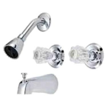 Click here to see Mueller 222-210L B&K Round Two-Handle Non-Pressure-Balancing Chrome Tub and Shower Faucet with Acrylic Knob Handles and Diverting Tub Spout, 1.8 GPM - 222-212