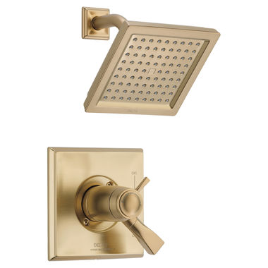 Click here to see Delta T17T251-CZ-WE Delta Dryden TempAssure 17T Series Two-Handle Shower Faucet with Single-Setting Rain Showerhead, 1.75 GPM, Lever Handles, Champagne Bronze - T17T251-CZ-WE