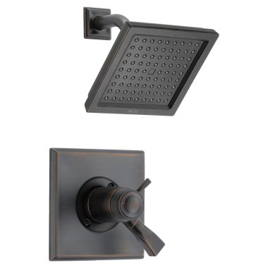 Click here to see Delta T17T251-RB-WE Delta Dryden TempAssure 17T Series Two-Handle Shower Faucet with Single-Setting Rain Showerhead, 1.75 GPM, Lever Handles, Venetian Bronze - T17T251-RB-WE