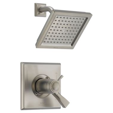 Click here to see Delta T17T251-SS-WE Delta Dryden TempAssure 17T Series Two-Handle Shower Faucet with Single-Setting Rain Showerhead, 1.75 GPM, Lever Handles, Stainless - T17T251-SS-WE