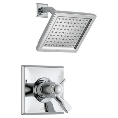 Click here to see Delta T17T251-WE Delta Dryden TempAssure 17T Series Two-Handle Shower Faucet with Single-Setting Rain Showerhead, 1.75 GPM, Lever Handles, Chrome - T17T251-WE